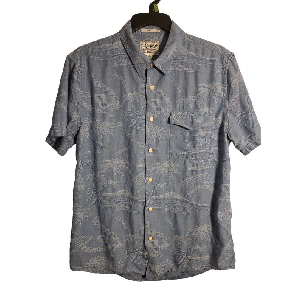 Lucky Brand Men's Short Sleeve Hawaiian Shirt Palm Tree Surf Scene Blue Medium